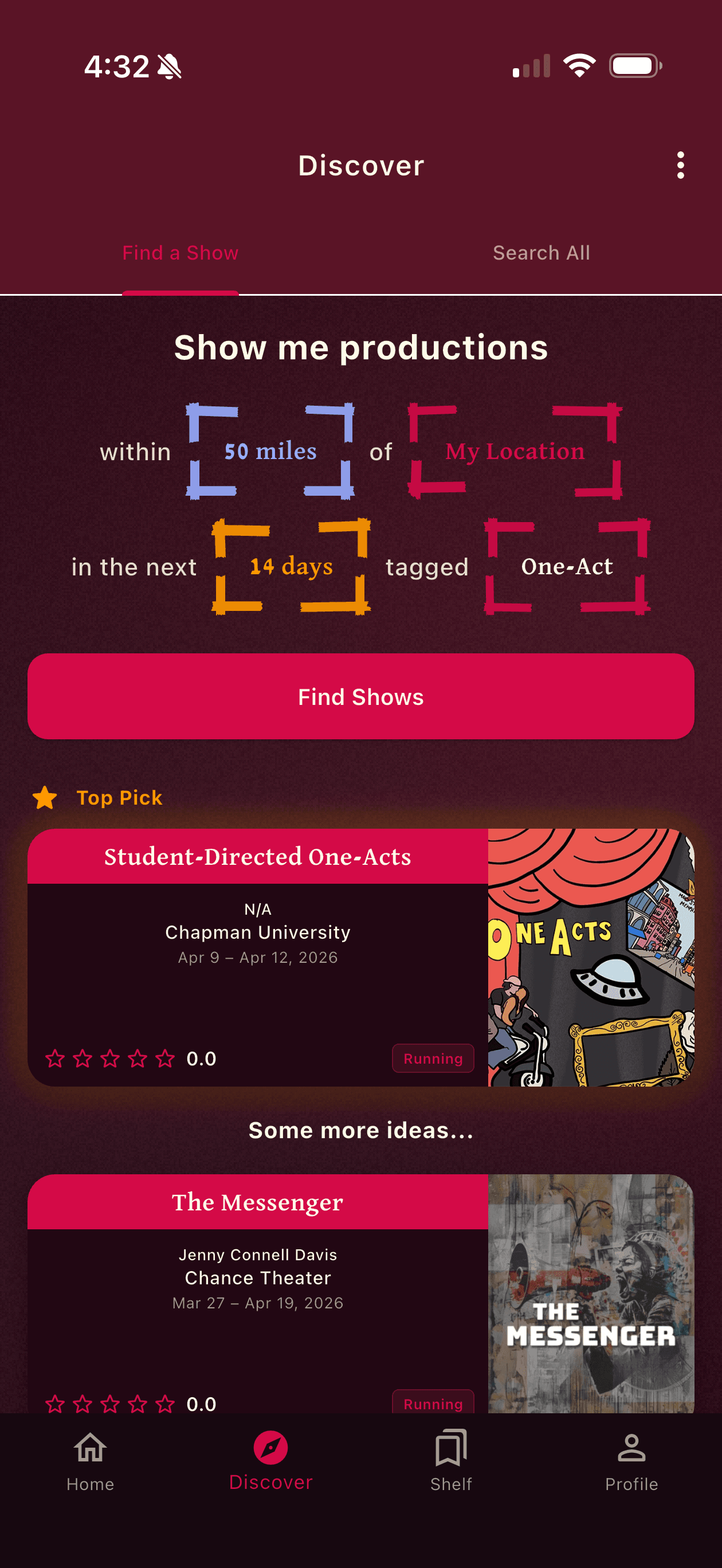 Discover theatrical productions in the Proscenia app