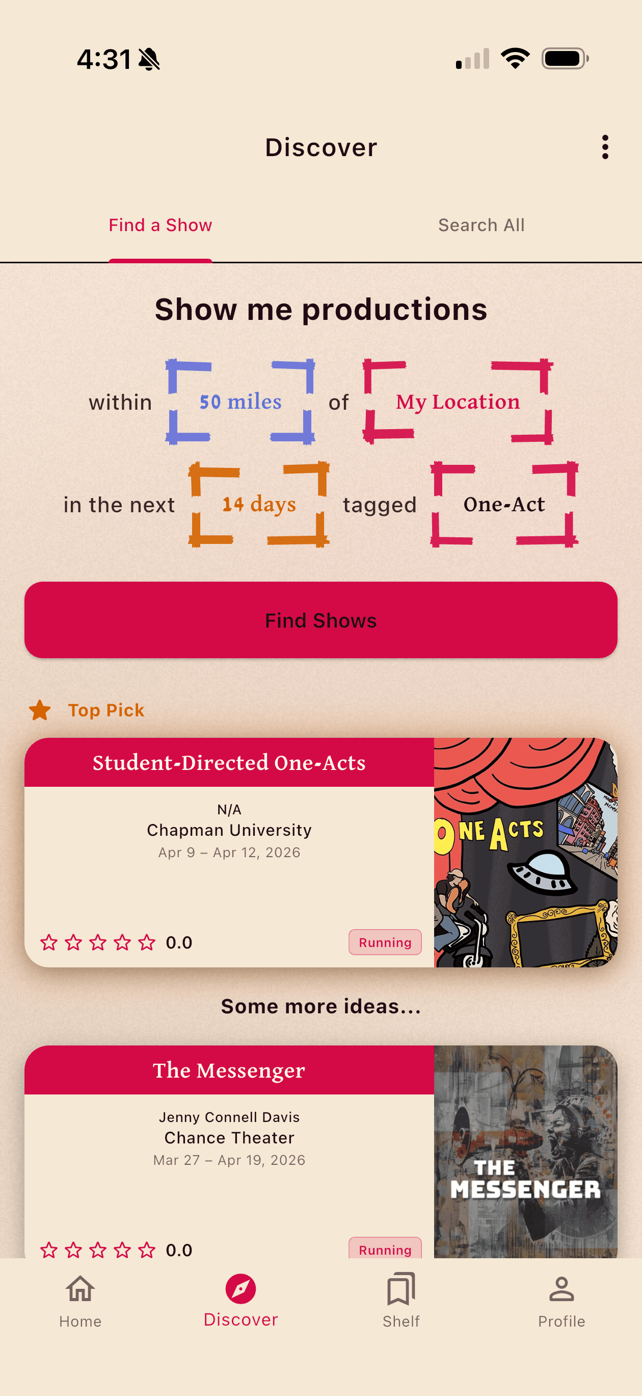 Discover theatrical productions in the Proscenia app