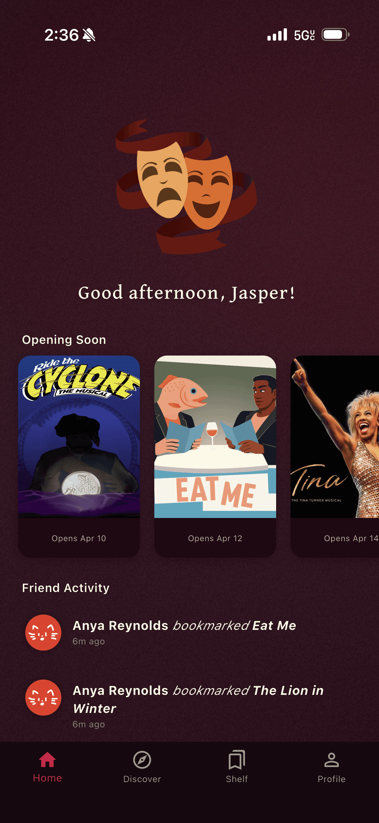 Home feed in the Proscenia live theatre review app