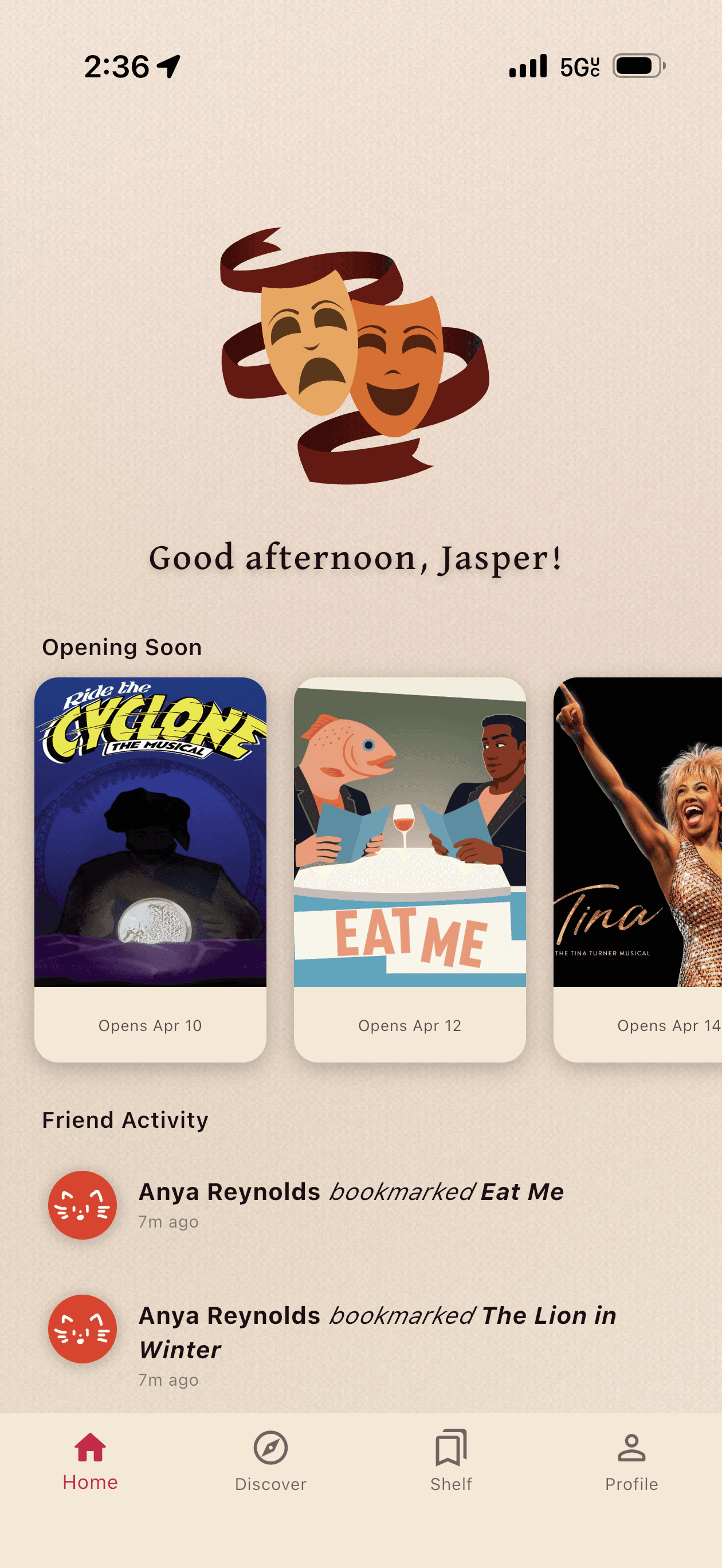 Home feed in the Proscenia live theatre review app