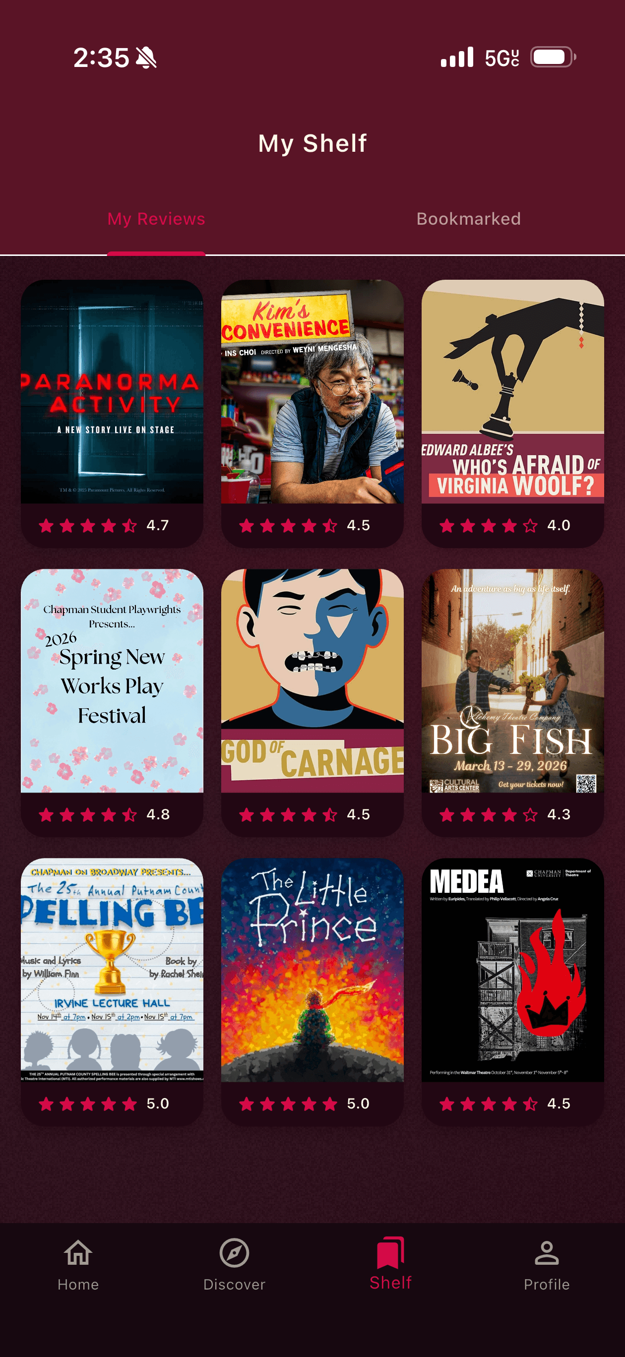 Review history and theatre log in the Proscenia app