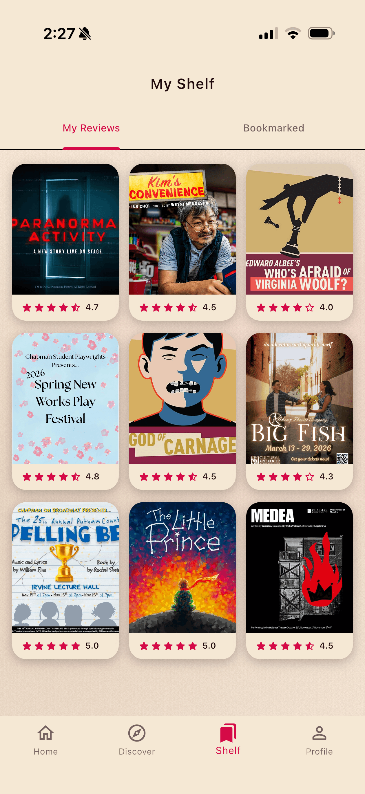 Review history and theatre log in the Proscenia app